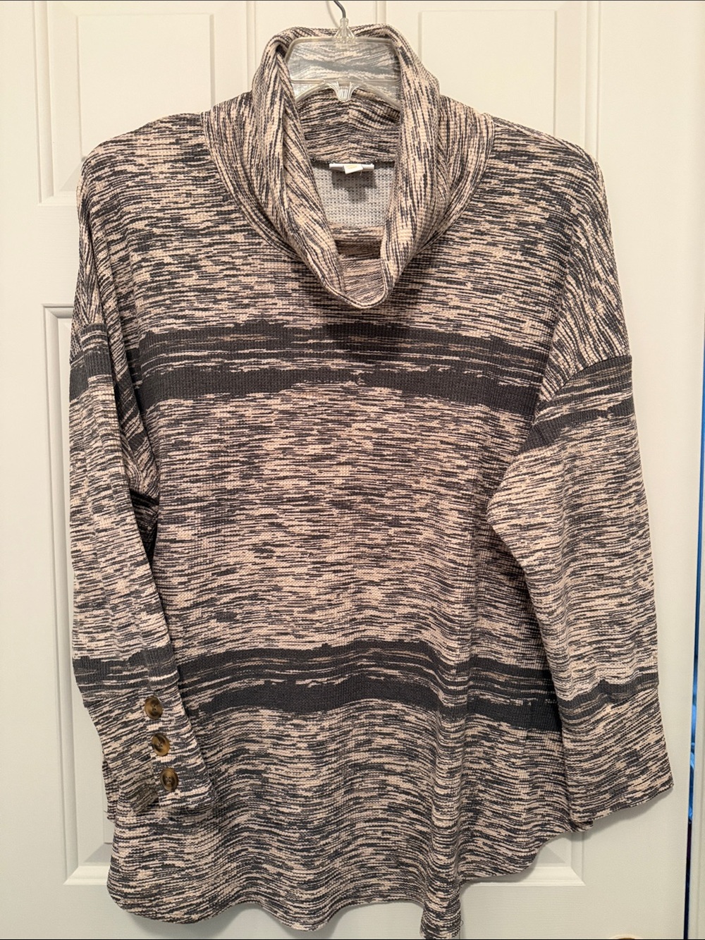 Gray and Cream Marled Cowl Sweater with Buttoned Cuffs